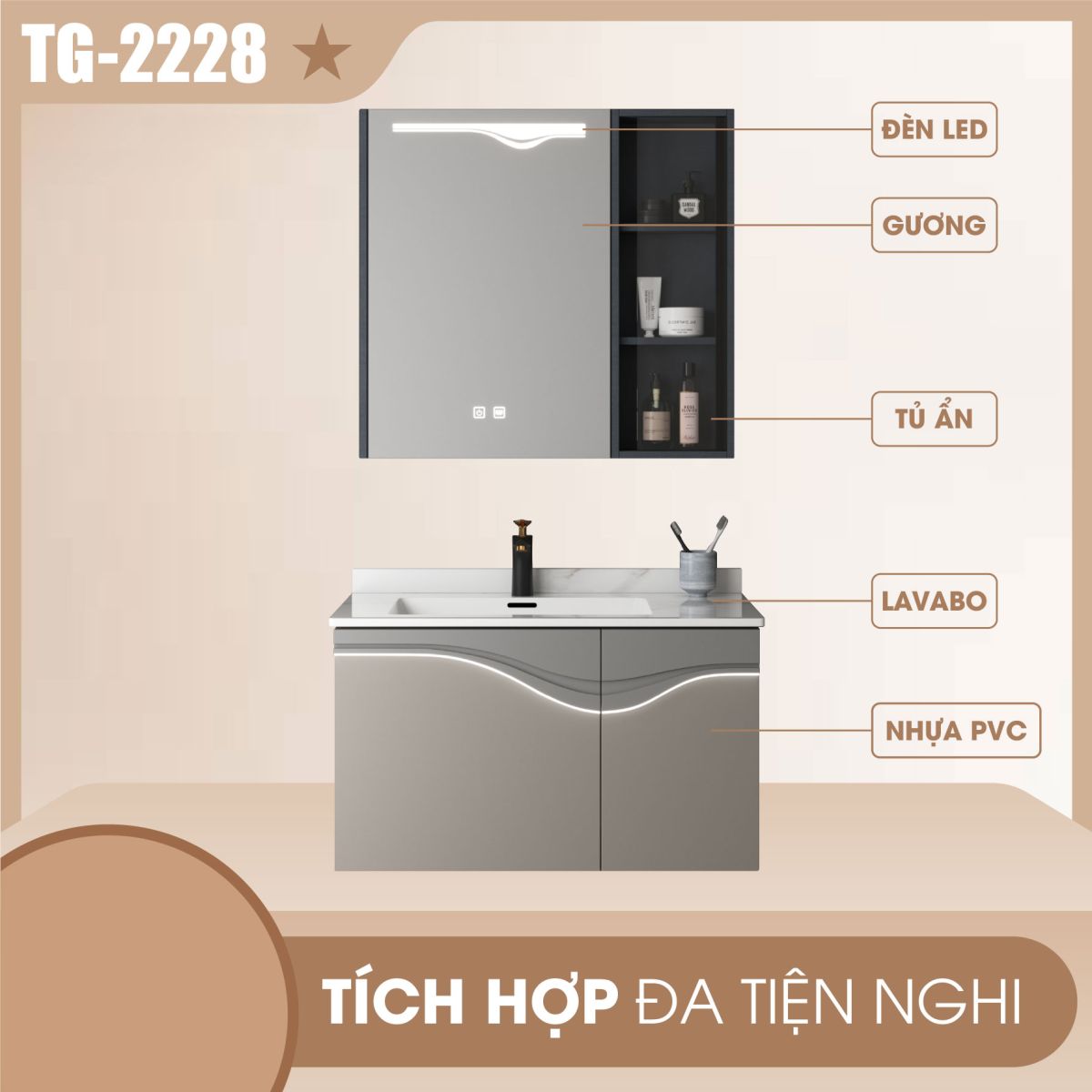 Tủ Lavabo Plywood Gương Đèn Led TG-2228 5