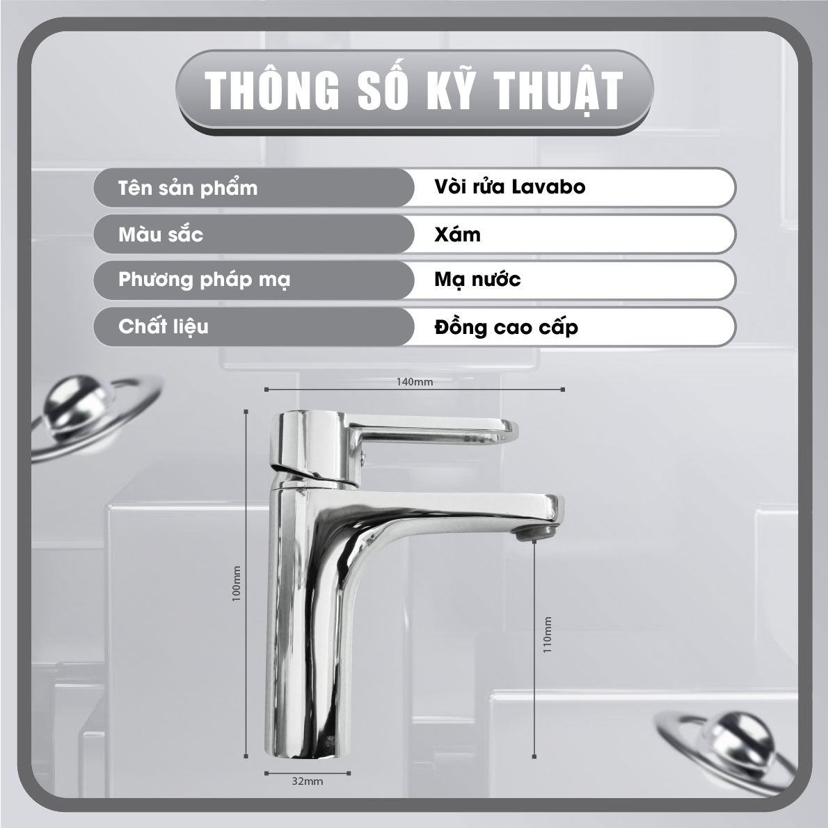 Thông số kỹ thuật Vòi Lavabo Nóng Lạnh Đồng Thau Mạ Crom A-VL32