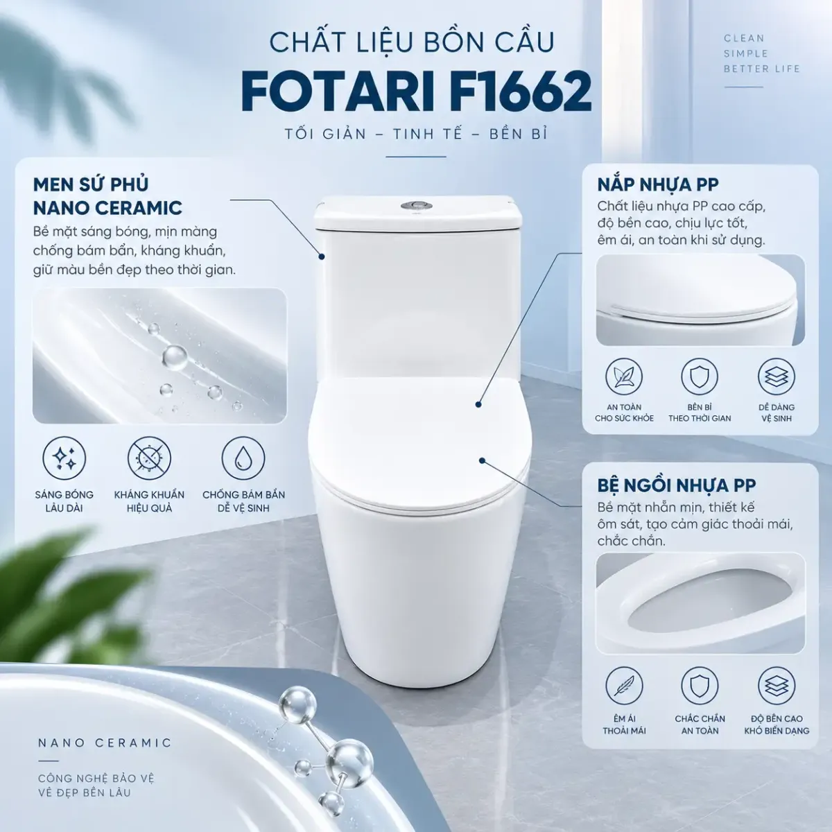 Bồn cầu nguyên khối nano ceramic F1662