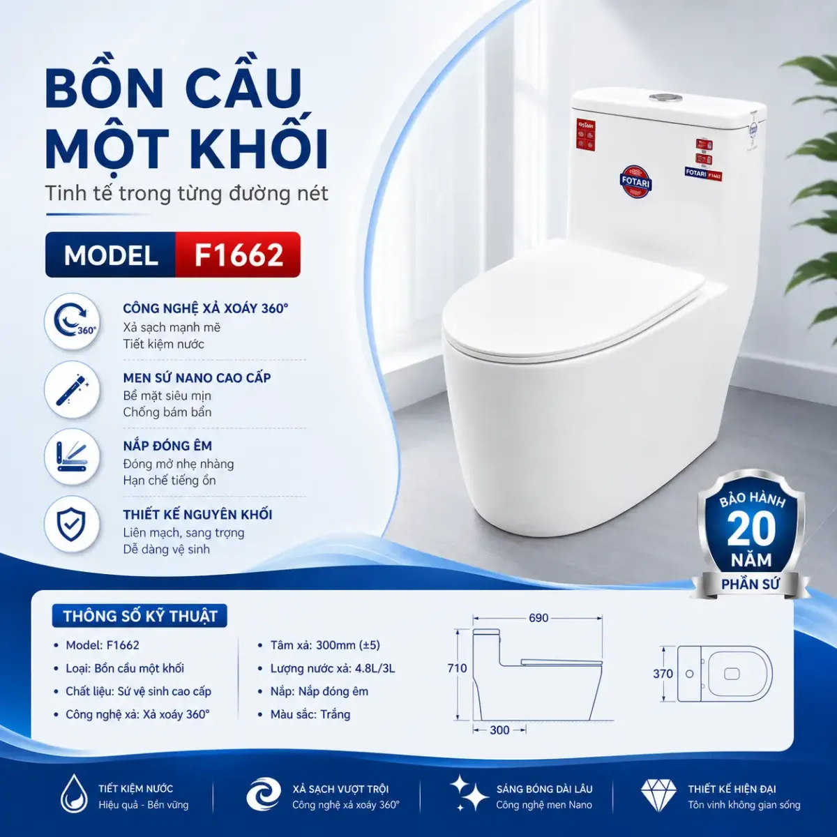 Bồn cầu Fotari nguyên khối Nano Ceramic Model 1662 
