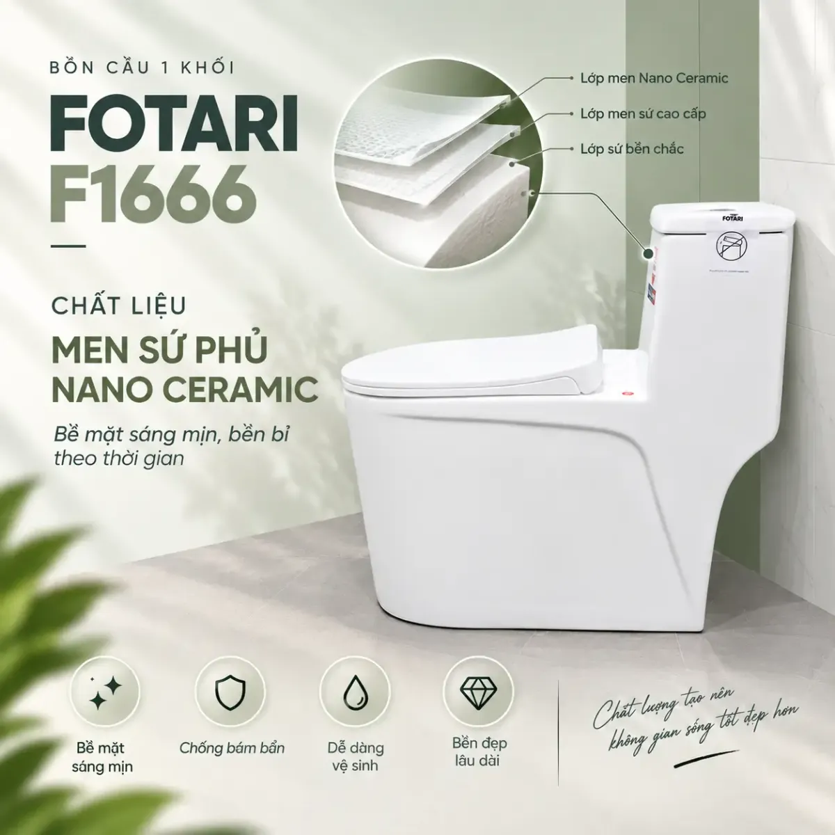 Bồn cầu nguyên khối nano ceramic F1666