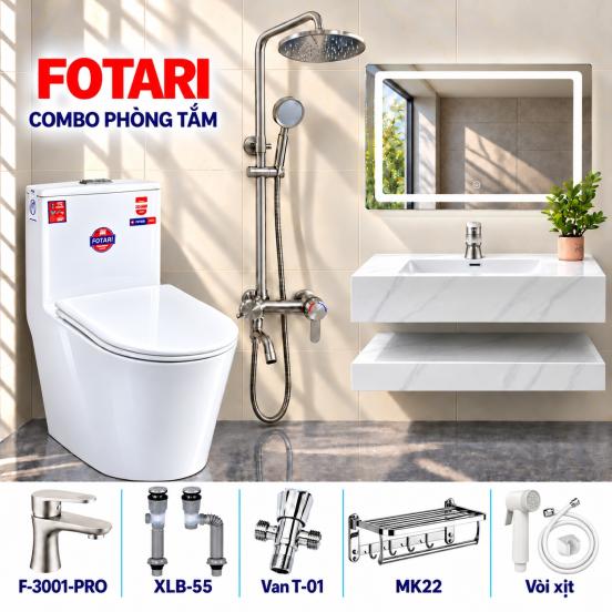 Combo đẹp 11 — lavabo đá đặt bàn, gương LED, sen cây tròn