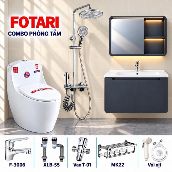 Combo đẹp 12 — tủ xám đen, gương viền LED, sen cây tròn chrome