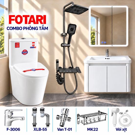 Combo đẹp 13 — tủ trắng, gương LED, sen cây đen bàn gạt, bồn cầu hai khối
