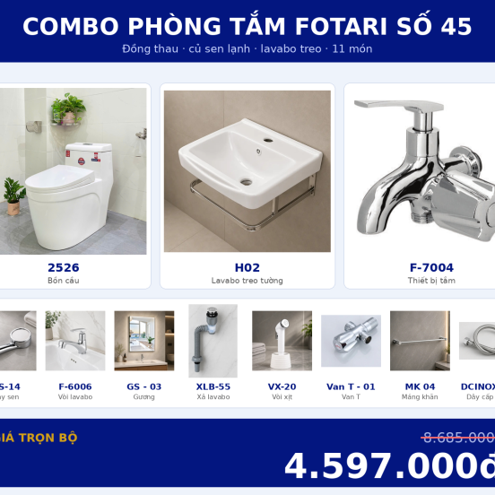 Combo lạnh 02 — 11 món — lavabo treo tường — Đồng thau