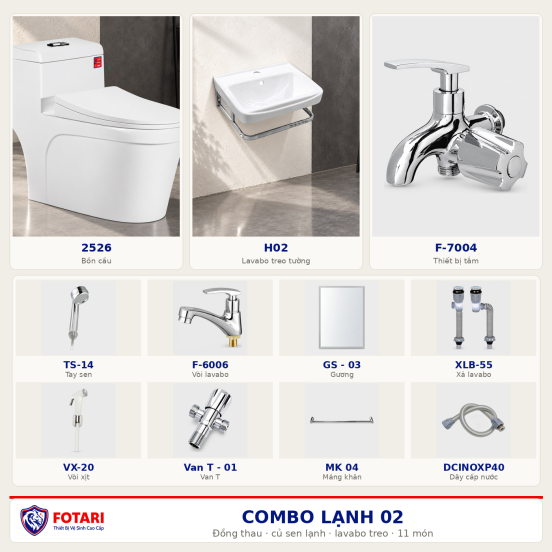 Combo lạnh 02 — 11 món — lavabo treo tường — Đồng thau