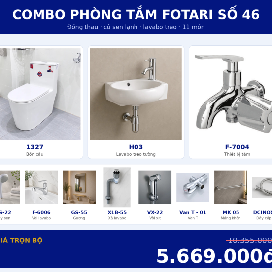 Combo lạnh 06 — 11 món — lavabo treo tường — Đồng thau
