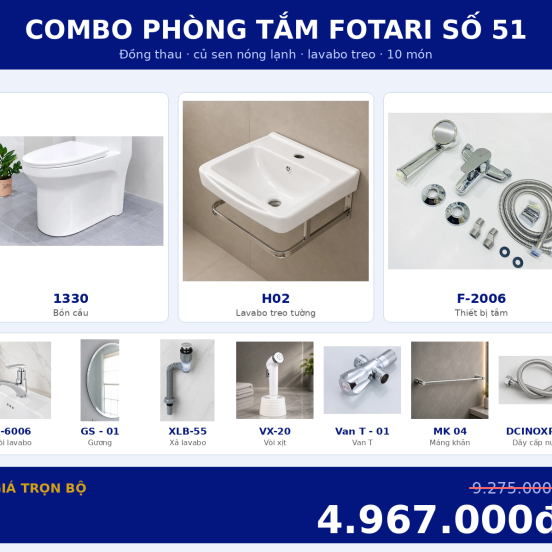 Combo kết hợp 01 — 10 món — lavabo treo tường — Đồng thau