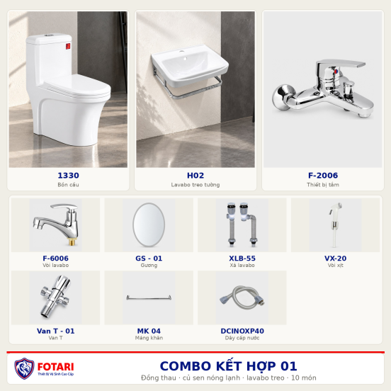 Combo kết hợp 01 — 10 món — lavabo treo tường — Đồng thau