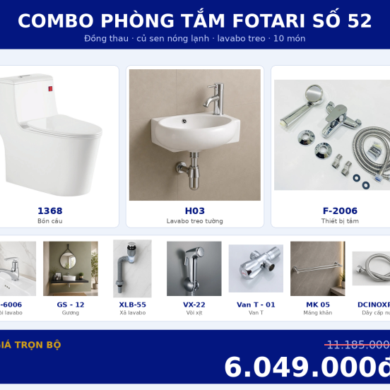 Combo kết hợp 05 — 10 món — lavabo treo tường — Đồng thau