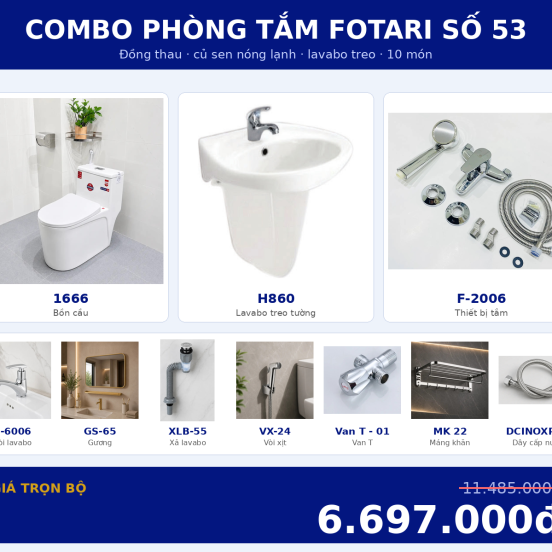 Combo kết hợp 09 — 10 món — lavabo treo tường — Đồng thau
