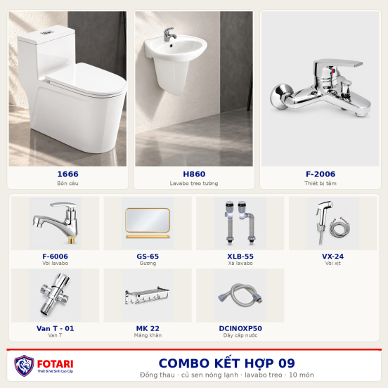 Combo kết hợp 09 — 10 món — lavabo treo tường — Đồng thau