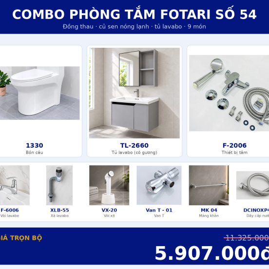 Combo kết hợp 04 — 9 món — tủ lavabo — Đồng thau