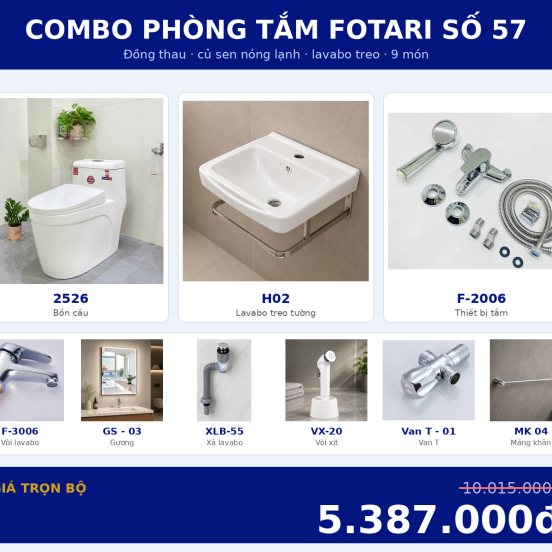 Combo nóng lạnh 01 — 9 món — lavabo treo tường — Đồng thau