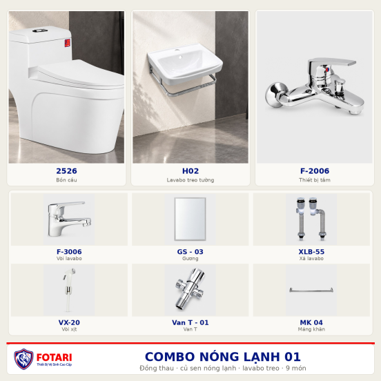 Combo nóng lạnh 01 — 9 món — lavabo treo tường — Đồng thau