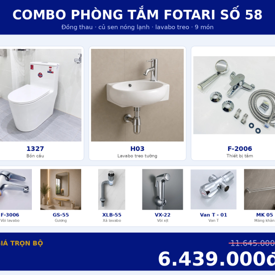 Combo nóng lạnh 06 — 9 món — lavabo treo tường — Đồng thau