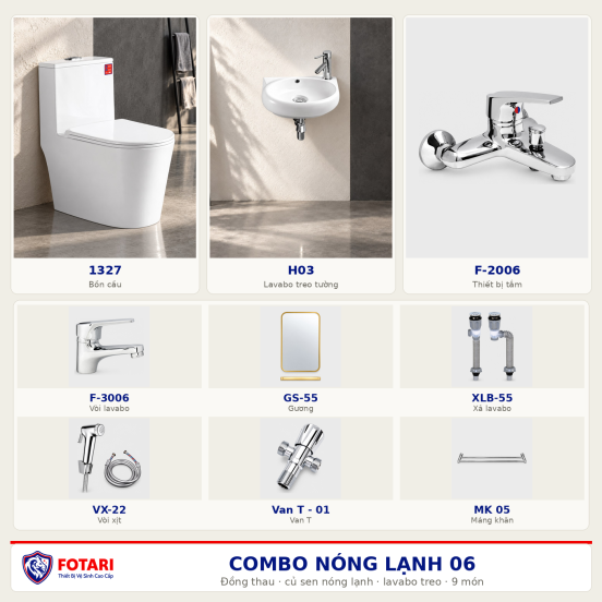 Combo nóng lạnh 06 — 9 món — lavabo treo tường — Đồng thau