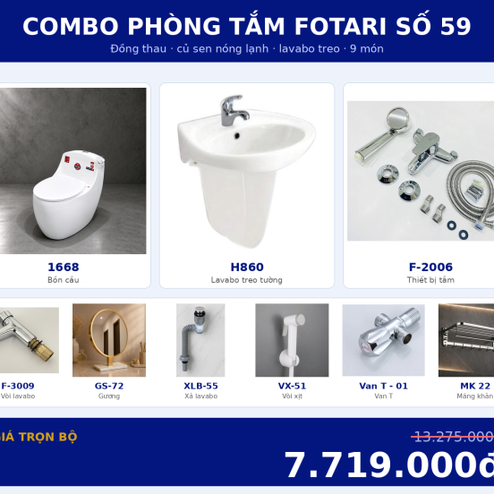 Combo nóng lạnh 12 — 9 món — lavabo treo tường — Đồng thau