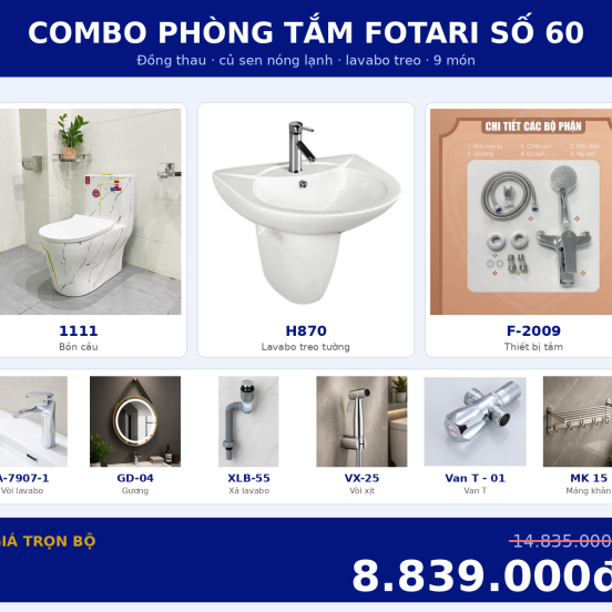 Combo nóng lạnh 17 — 9 món — lavabo treo tường — Đồng thau
