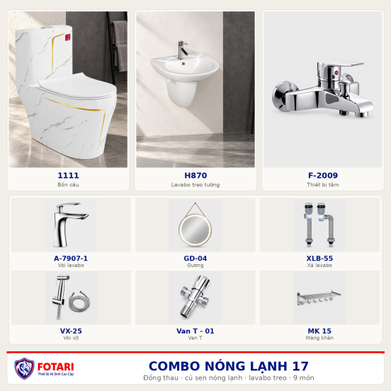 Combo nóng lạnh 17 — 9 món — lavabo treo tường — Đồng thau