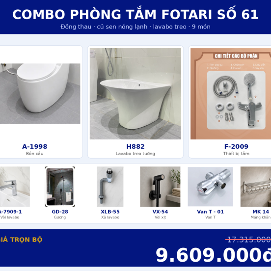 Combo nóng lạnh 20 — 9 món — lavabo treo tường — Đồng thau