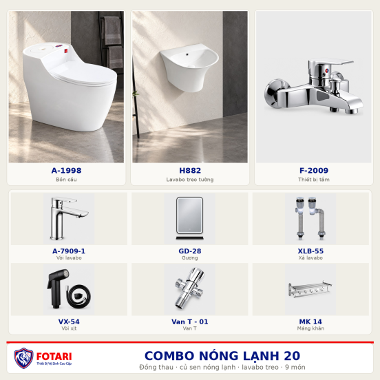 Combo nóng lạnh 20 — 9 món — lavabo treo tường — Đồng thau