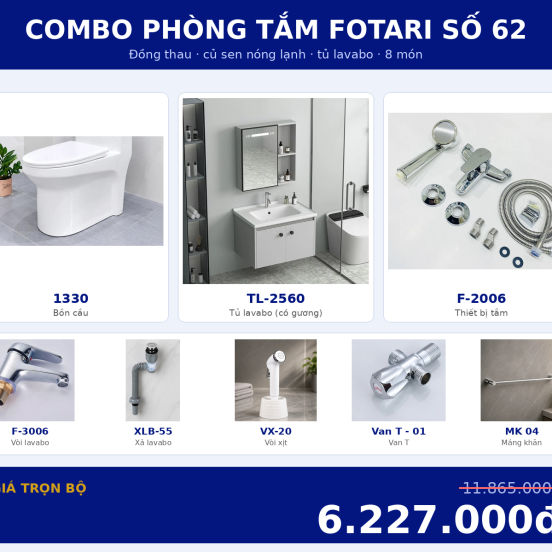 Combo nóng lạnh 04 — 8 món — tủ lavabo — Đồng thau