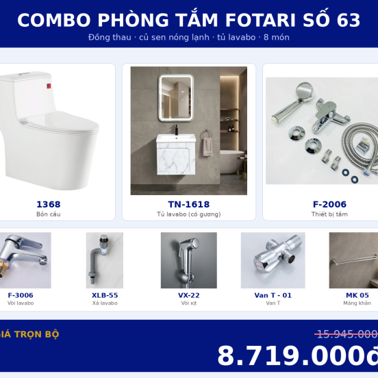 Combo nóng lạnh 15 — 8 món — tủ lavabo — Đồng thau