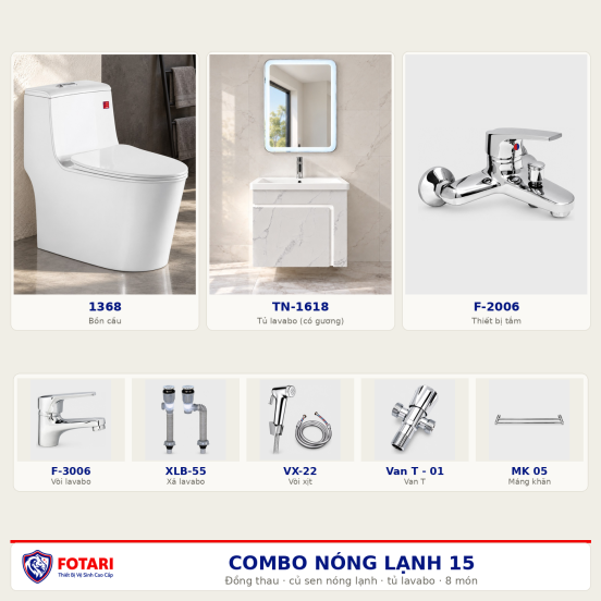 Combo nóng lạnh 15 — 8 món — tủ lavabo — Đồng thau