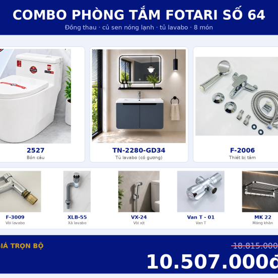 Combo nóng lạnh 24 — 8 món — tủ lavabo — Đồng thau