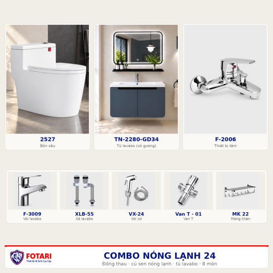 Combo nóng lạnh 24 — 8 món — tủ lavabo — Đồng thau