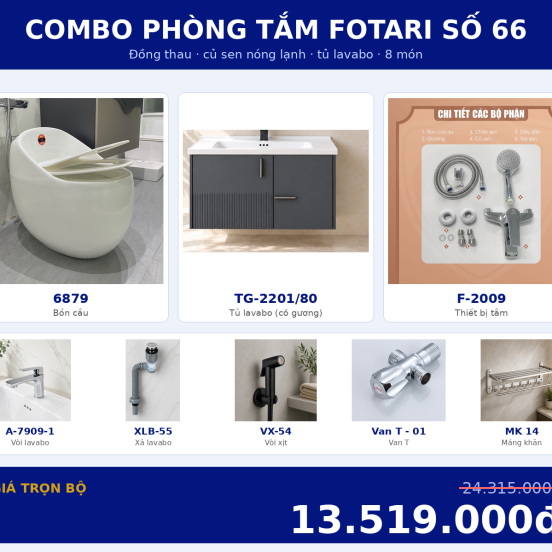 Combo nóng lạnh 33 — 8 món — tủ lavabo — Đồng thau