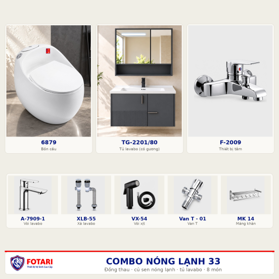 Combo nóng lạnh 33 — 8 món — tủ lavabo — Đồng thau