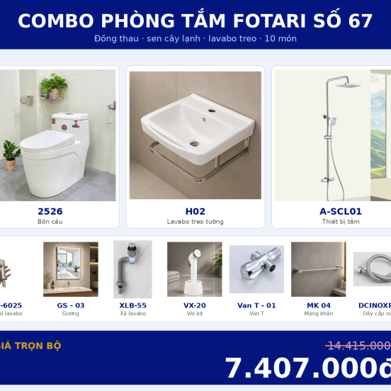 Combo lạnh 13 — 10 món — lavabo treo tường — Đồng thau