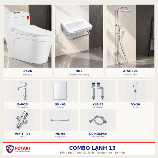 Combo lạnh 13 — 10 món — lavabo treo tường — Đồng thau