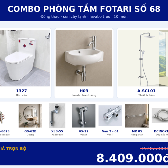 Combo lạnh 15 — 10 món — lavabo treo tường — Đồng thau