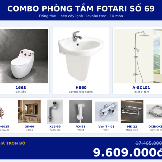 Combo lạnh 20 — 10 món — lavabo treo tường — Đồng thau