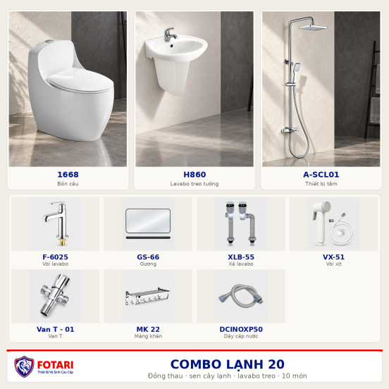 Combo lạnh 20 — 10 món — lavabo treo tường — Đồng thau