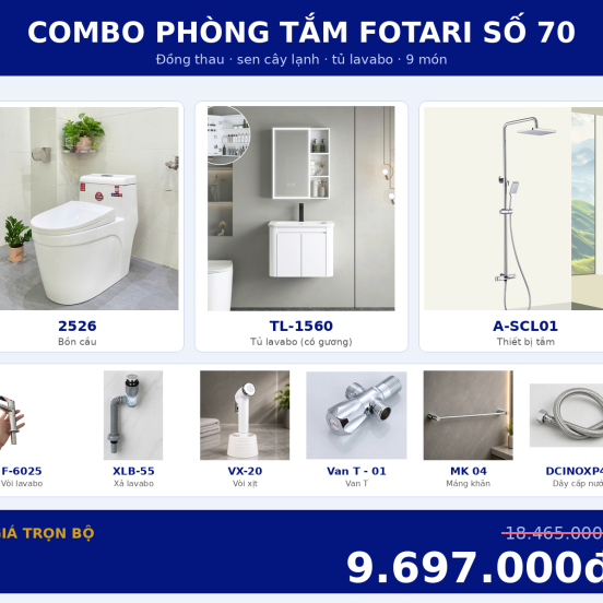 Combo lạnh 21 — 9 món — tủ lavabo — Đồng thau