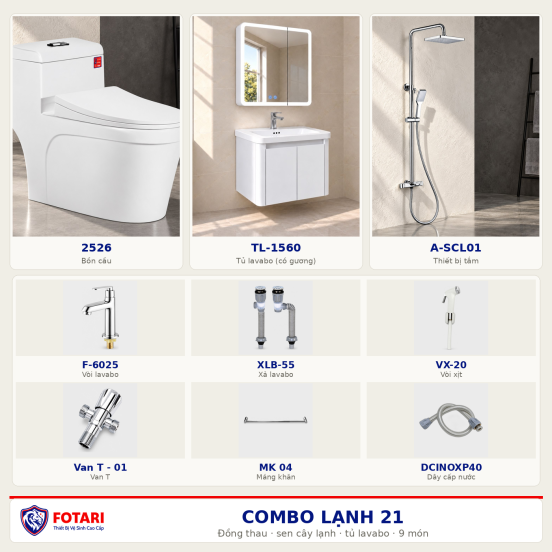 Combo lạnh 21 — 9 món — tủ lavabo — Đồng thau