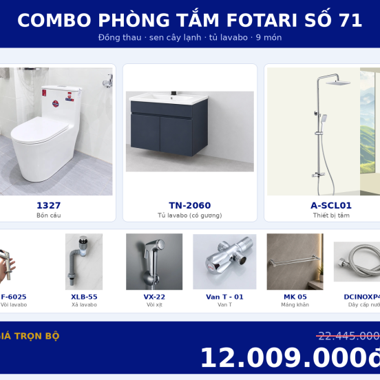 Combo lạnh 23 — 9 món — tủ lavabo — Đồng thau