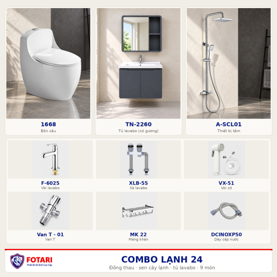 Combo lạnh 24 — 9 món — tủ lavabo — Đồng thau