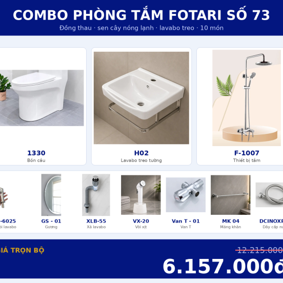 Combo kết hợp 06 — 10 món — lavabo treo tường — Đồng thau