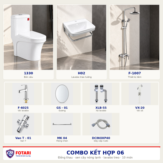 Combo kết hợp 06 — 10 món — lavabo treo tường — Đồng thau
