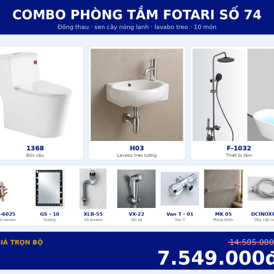Combo kết hợp 12 — 10 món — lavabo treo tường — Đồng thau