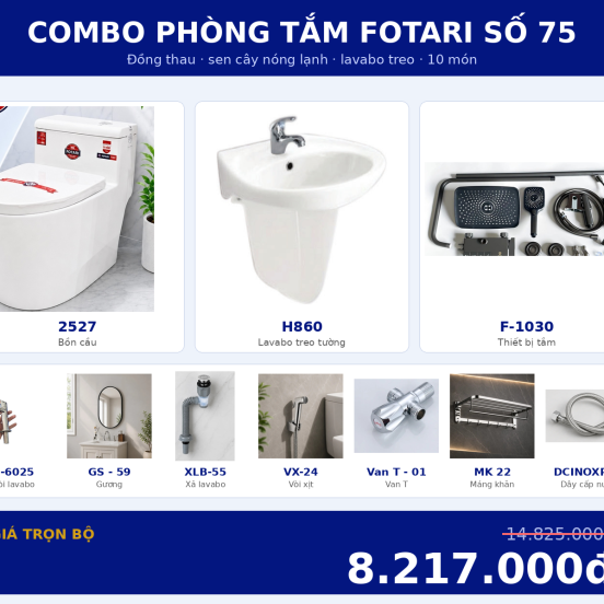 Combo kết hợp 15 — 10 món — lavabo treo tường — Đồng thau