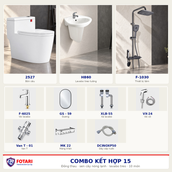 Combo kết hợp 15 — 10 món — lavabo treo tường — Đồng thau