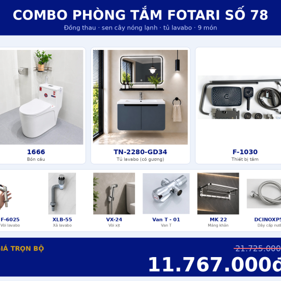Combo kết hợp 23 — 9 món — tủ lavabo — Đồng thau