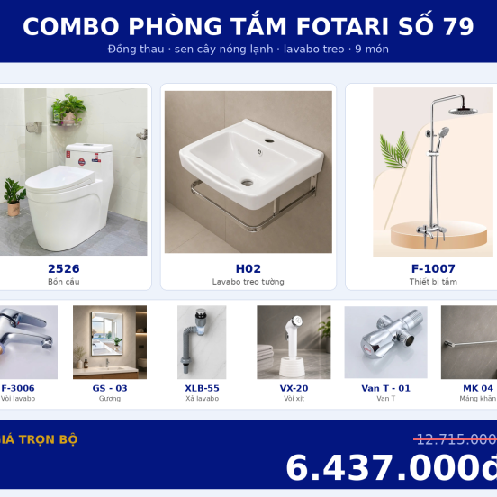 Combo nóng lạnh 05 — 9 món — lavabo treo tường — Đồng thau