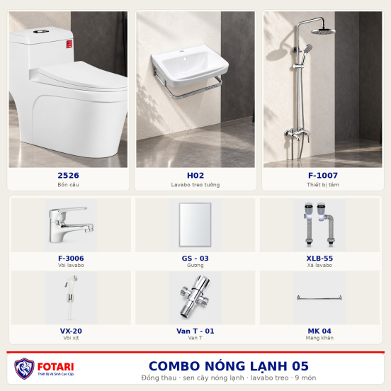 Combo nóng lạnh 05 — 9 món — lavabo treo tường — Đồng thau